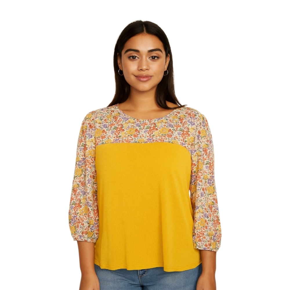 Emi & Joe Floral Mesh Stretch Top 3/4 Sleeves Cottagecore Size Small Yellow